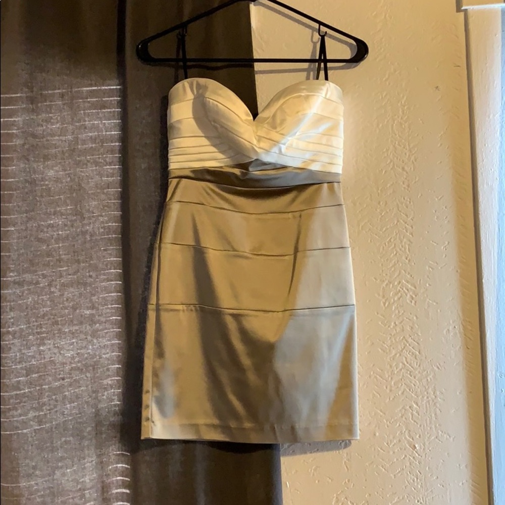 Cream and champagne strapless Bebe mini dress